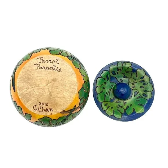 Hand-Painted Wooden Trinket Box Jar With Lid Parrot Paradise By C. Chan 2.5" H - Picture 7 of 9